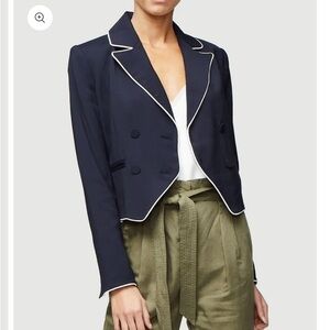 Frame Denim Piped Cropped Double Breasted Blazer Slit Cuff Navy Blue Sz 8